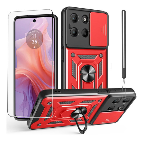 Funda Para Moto G15 Case Uso Rudo Protección Lentes + Mica Rojo Para Moto G15