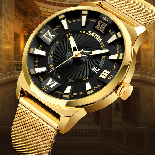 Reloj Analógico Skmei Quartz Calendar Para Hombre Color De La Correa Dorado Color Del Fondo Negro