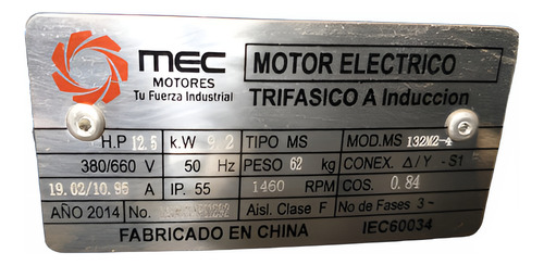 Motor Electrico De 12,5 Hp X 1460 Rpm Trifasico Marca Mec