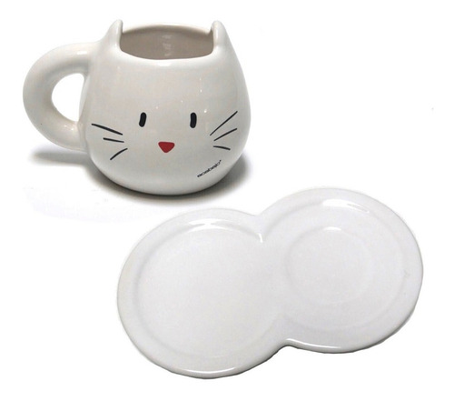 Taza Gato Blanco Con Bandeja Ocho Blanca