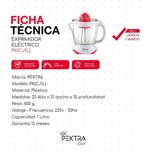 Imagen 3 de 10 de Exprimidor Electrico Jugo Citricos Juguera Pektra 1 Litro