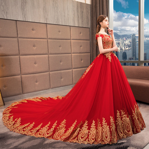Vestido De Quinceañera Con Cola Color Rojo Dorado Barato