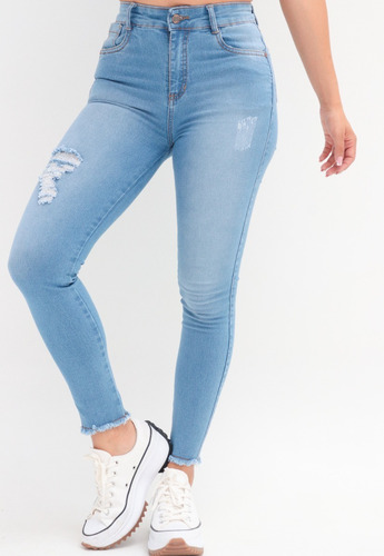 Imagen 6 de 10 de Jeans Tiro Alto Azul Flecos Stretch Dama Skinny Levantacola