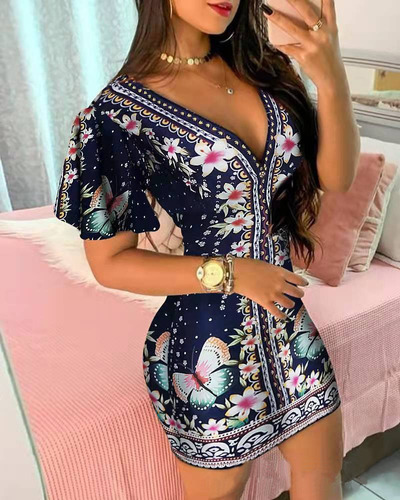 Vestidos Cortos Ajustados Estampado Manga Corta Escote Pico