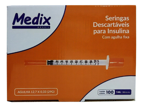 Seringa Descartável Para Insulina Com Agulha 12.7 x 0.33 29 G 1ml 100 U.I Caixa Com 100 Unidades.