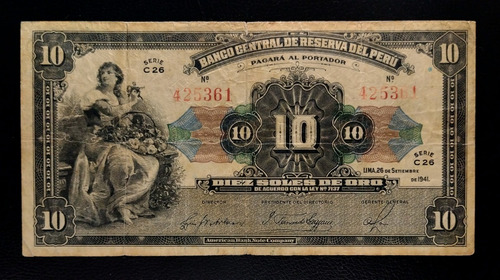 Perú Billete 10 Soles De Oro 1941 Muy Bueno Pick 67a