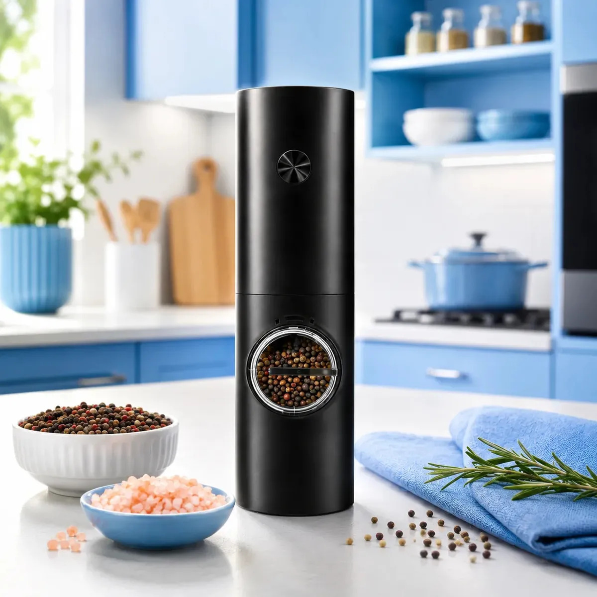 Moedor Elétrico Automático Sal Pimenta Grãos Ajustável Tempero Portátil Saleiro Pimenteiro Sal Grosso Especiaria Preto TREI