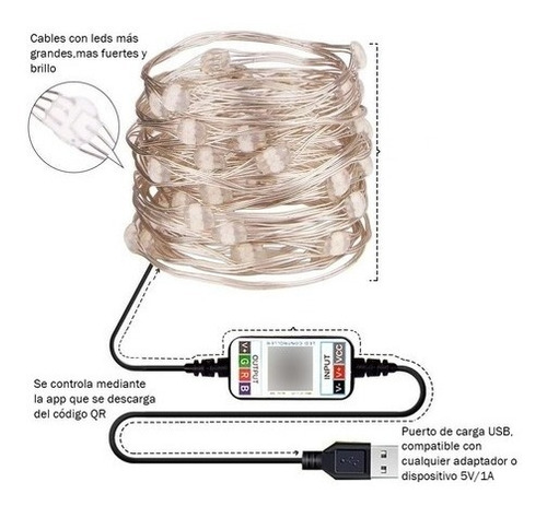 Imagen 2 de 8 de Luz Led Usb 10m Guirnalda Multicolor Control App Bluetooth