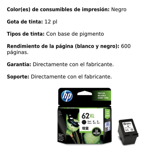 Imagen 3 de 5 de Cartucho De Tinta Hp 62xl Negro