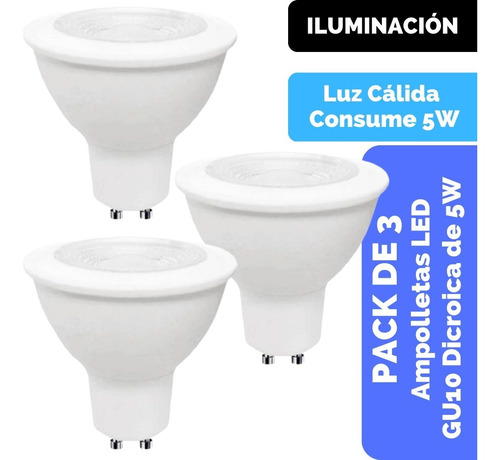 Pack De 3 Ampolletas Led Gu10 Tipo Dicroica 5 Watts 220 Volt