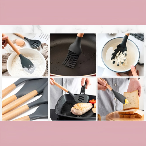 Set De 12 Utensilio De Cocina Mango Madera Punta Silicona Negro