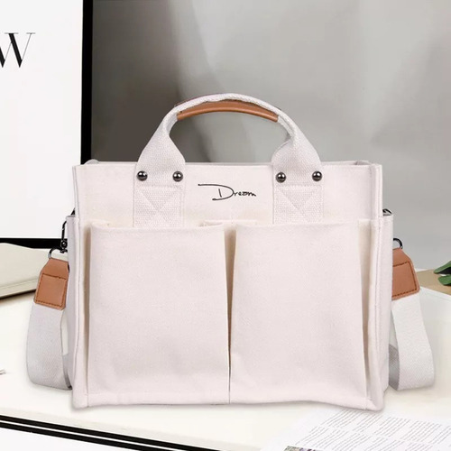 Bolsa Mujer Moda Tote Lona Hombro Bolsillos Gran Capacidad Color Blanco