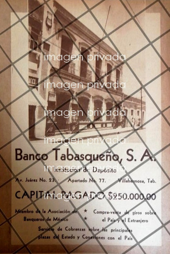 Publicidad Antigua Banco Tabasqueño S.a. 1943