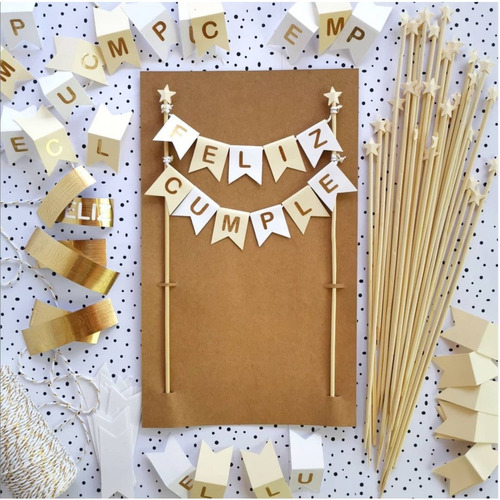 Imagen 1 de 2 de Mini Banderin Vinilo Oro Y Crema Decoracion Torta