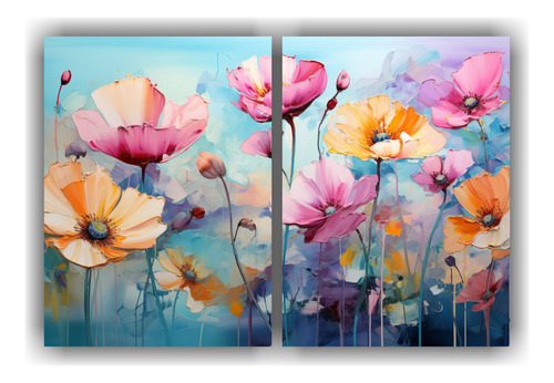 40x20cm Cuadro Moderno Abstracto - Flores Turquesa Y Rosa