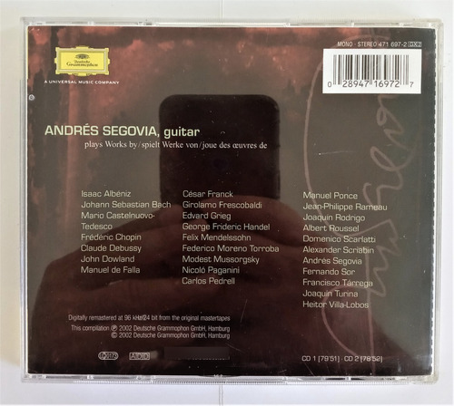 Andres Segovia Cd Guitarra Clasica The Art Segovia 2 Discos (Usado)