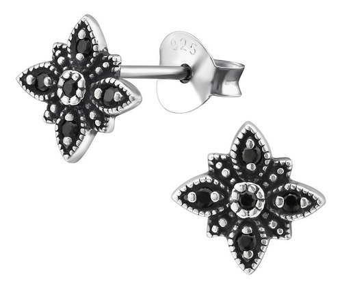 Pendientes De Flor Negra Aros De Plata 925 Mujer Niña 