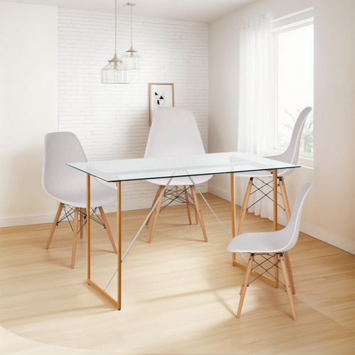 Juego Comedor Mesa Vidrio Beverly + 4 Sillas Eames Poliprop Color Blanco