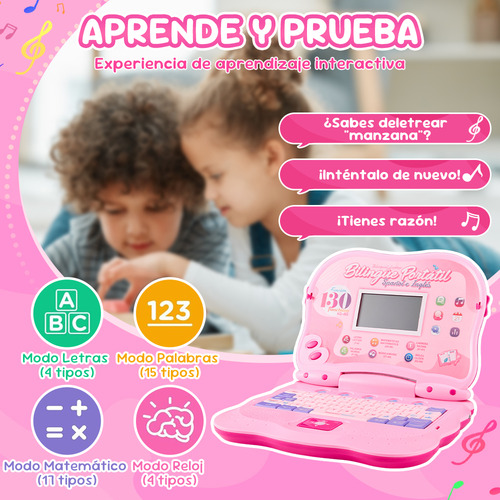 Computadora Laptop Niño Juguete Didáctica Español Ingles 130 Color Rosa