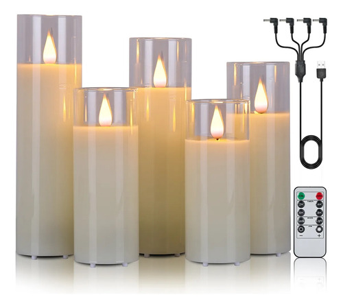 5pz Recargable Velas Led Parpadeantes Sin Llama Con Vidrio