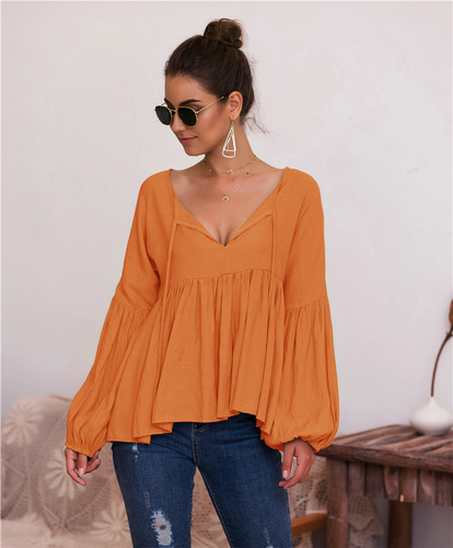 Blusa Con Cuello En V De Color Liso Y Mangas Abullonadas