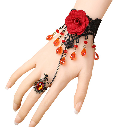 Brazalete De Encaje Lolita Gótico De Rosas Rojas Con Conjunt