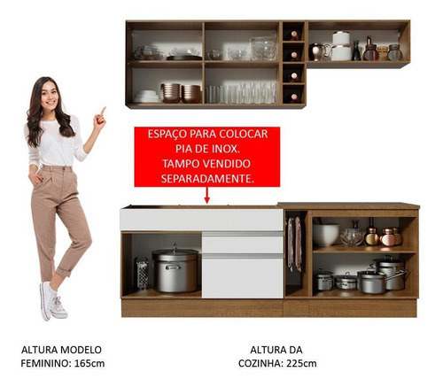 Cozinha Completa Parma Madesa Com Armário Vidro E Balcão Rbc Cor Rustic/Branco/Crema