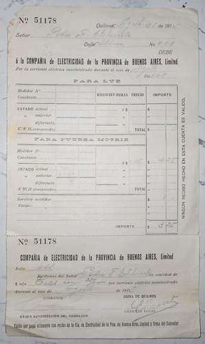 Boleta Luz 1915 Compañia Electricidad Provincia Buenos Aires (Usado)