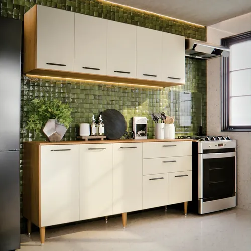 Armario De Cozinha Completo 140cm Aereo E Balcao 10 Portas E Gavetas Funcional Para Cozinhas Ou Planejada Compacta Suspenso De Parede Off White Bela