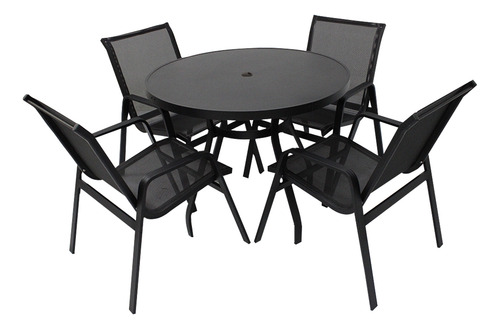 Jogo De Mesa 4 Cadeiras Preta Para Piscina Com Guarda Sol