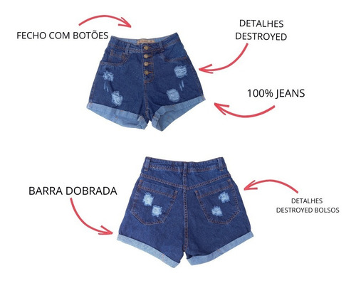Imagem 5 de 9 de Kit C/5 Short Jeans Brim Cintura Alta Com Elastano Variados