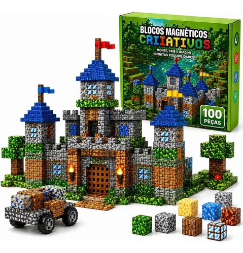 Kit 100 Blocos Magnéticos De Montar Infantil Construção Imã