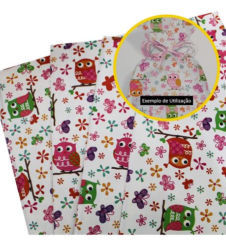 Sacos Para Presente Embrulho 30x45 Estampado Coruja Com 50