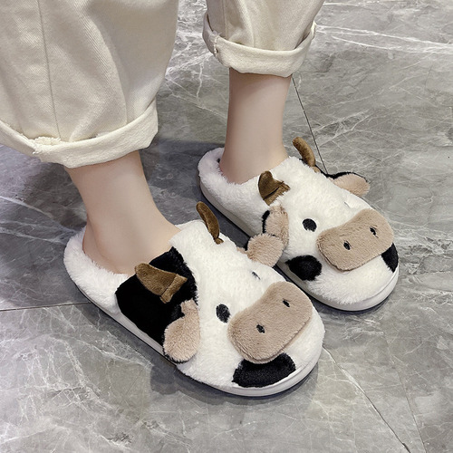 Zapatillas Unisex De Felpa Cálidas Con Forma De Vaca Con Dib