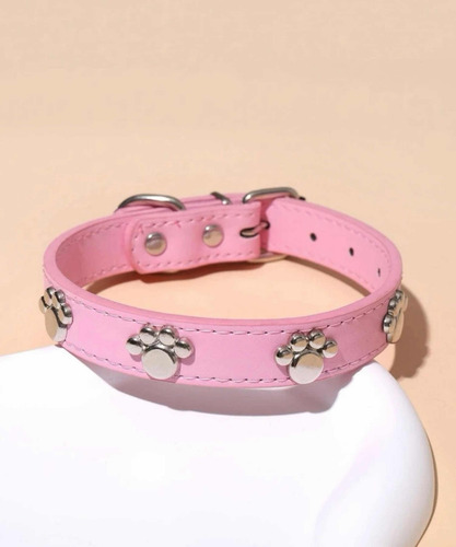 Collar Cuero Con Huellitas. Perro O Gato Color Rosa Liso Tamaño Del Collar S