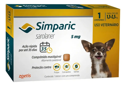 Antipulgas Simparic para Cães 5 mg 1,3 a 2,5 Kg 1 Comprimido