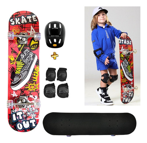 Skate Infantil Completo Montado + Kit Proteção Completo 