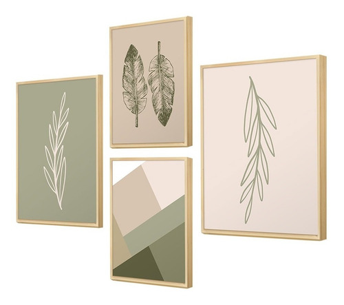 Kit 4 Quadros Para Decoração Folhas Minimalista Sala Cozinha