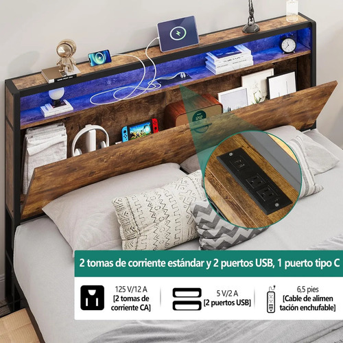 Base Cama Matrimonial Con Cajones Led Y Usb Full Base Marrón