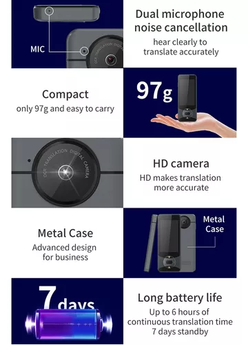 Dispositivo traductor de idiomas W10 compatible con WiFi Bluetooth 127  idiomas traducción multidireccional traductor digital gris metálico