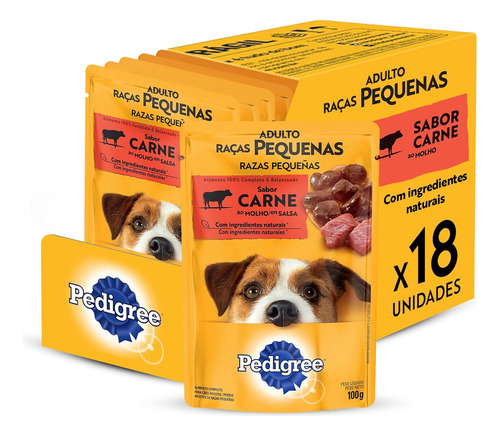 Pack Ração Úmida Pedigree para Cães Adultos Raças Pequenas Sachês Carne 100g - Caixa com 18 unidades