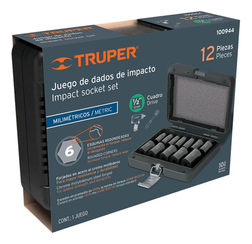 Juego 12 Dados Impacto Cuadro 1/2 6 Puntas Mm Truper 100944
