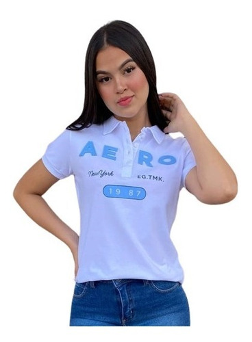 Camiseta Polo Aéropostale Letreiro Azul-bebê