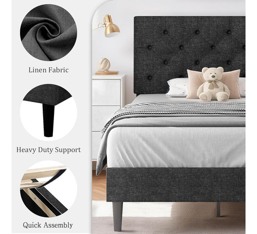 Base De Cama Individual Hombck Tapizada Con Lino Negro