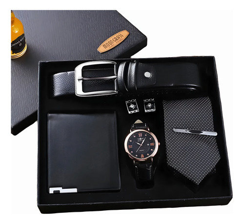 Billetera Reloj Correa Corbata Broche Hombre Papa Color Negro Diseño De La Tela Cuero