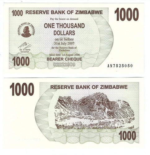 Zimbabwe - Billete 1000 Dólares 2006 - Bearer Cheque - Unc