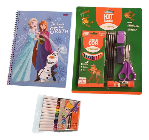 Material Escolar Básico Feminino Caderno Frozen + 32 Peças