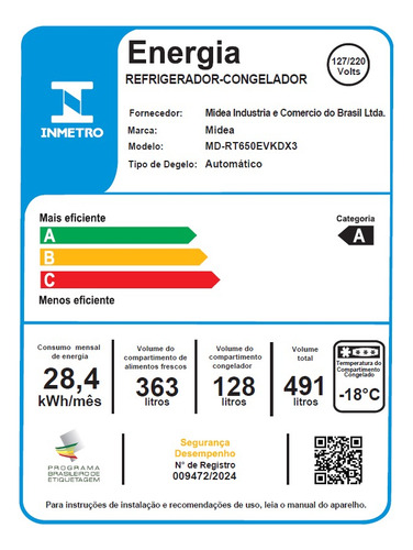 Geladeira Frost Free Duplex 491l Inverter Cor Preto Midea