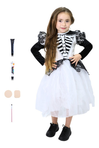 Disfraz Vestido Blanco De Catrina Esqueleto Con Maquillaje Para Niñas