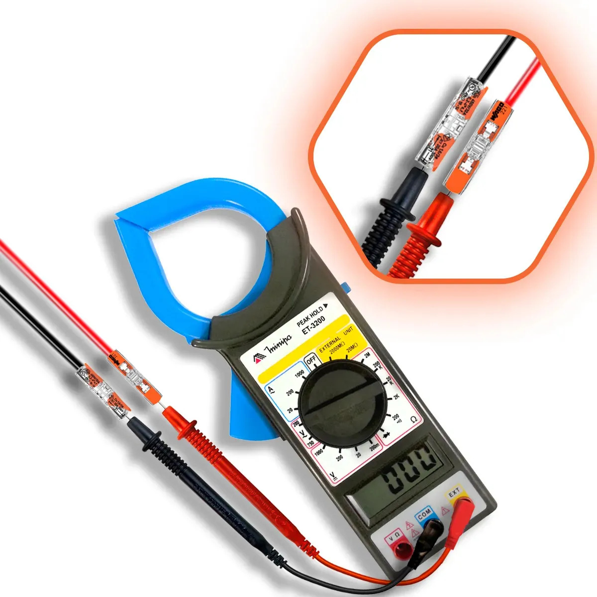 Alicate Amperímetro Digital Minipa ET-3200 1000A AC/DC Peak Hold com dois conectores 221-2411